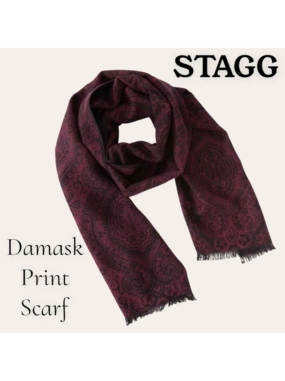 STAGG 70”L Damask Print Burgundy & Brown Viscose Raw Hems Scarf/Wrap NWT